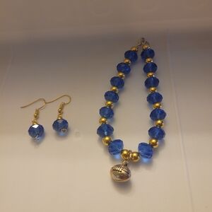 Handcrafted blue football glass beaded bracelet Earrings Set With Gold Tone Acc